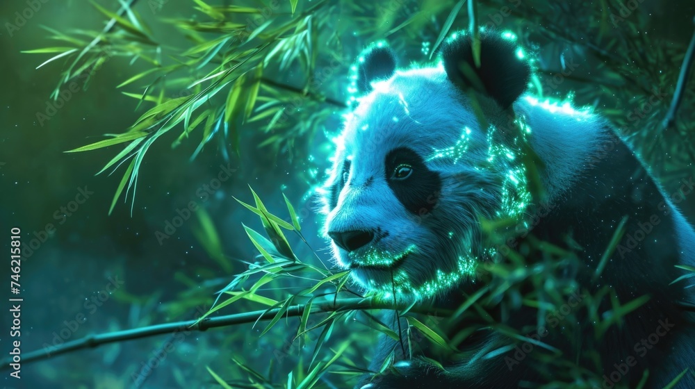 A holographic panda munches on bamboo in its natural habitat representing the success of conservation efforts and the importance of A holographic panda munches on bamboo in its natural habitat representing the success of conservation efforts and the importance of