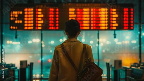 A traveler stands in front of an airport departure board, considering the times and gates of upcoming flights.