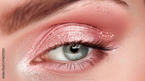 A close-up of a woman's eye featuring artistic makeup with sparkling glitter and pink eyeshadow, exuding creativity and glamour.