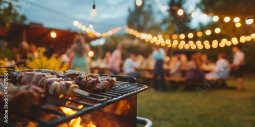 Friends gather for a cozy backyard barbecue party under string lights at dusk. photo