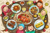 Cartoon cute doodles of characters enjoying a delicious Eid feast together, with plates filled with mouthwatering dishes and sweets, Generative AI