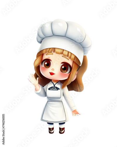 Cute chef girl in uniform hello greeting paying welcome to restaurant 3d illustration