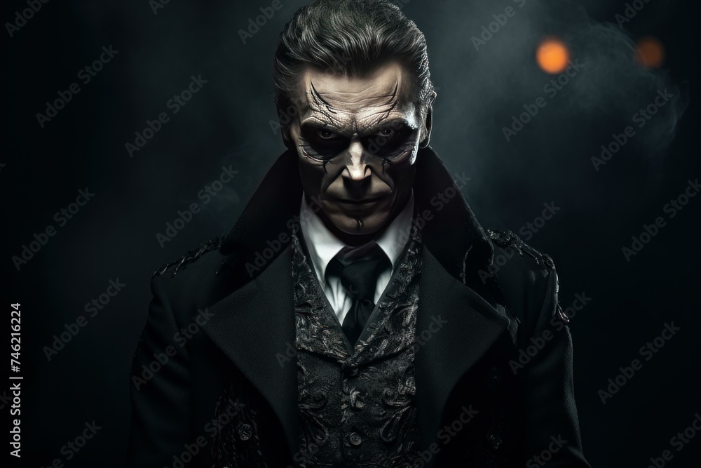 Fototapeta premium Intimidating Scary handsome man wearing hoodie. Mysterious young guy posing dark building. Generate ai