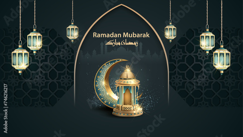 islamic greetings ramadan mubarak card design with crescent moon and lanterns