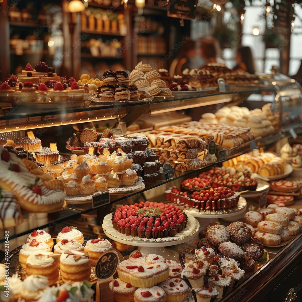 A wide variety of pastries beautifully arranged and displayed in a glass case at a bakery or pastry shop.