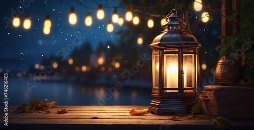 bright lanterns at night with a bright, blurry hanging lamp behind photo