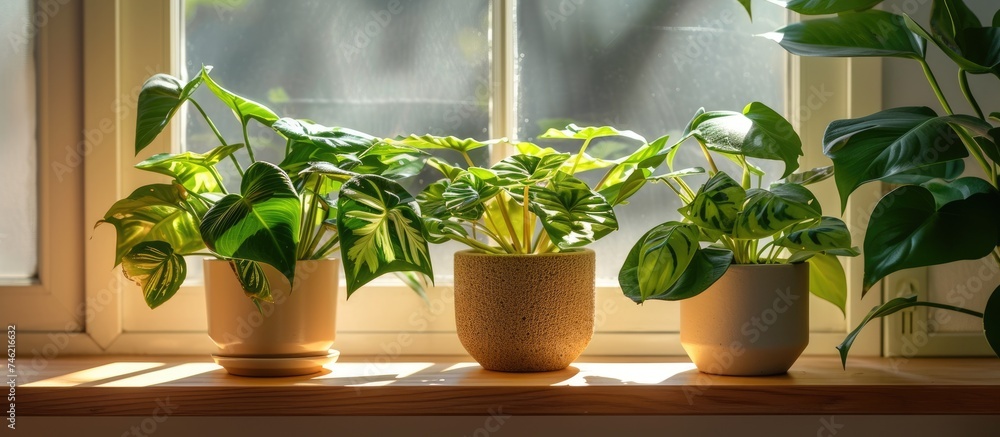 Marantaceae house plants with green leaves are carefully cultivated and displayed in pots as part of a green home decor arrangement on a sunny windowsill, casting shadows. Marantaceae house plants with green leaves are carefully cultivated and displayed in pots as part of a green home decor arrangement on a sunny windowsill, casting shadows.