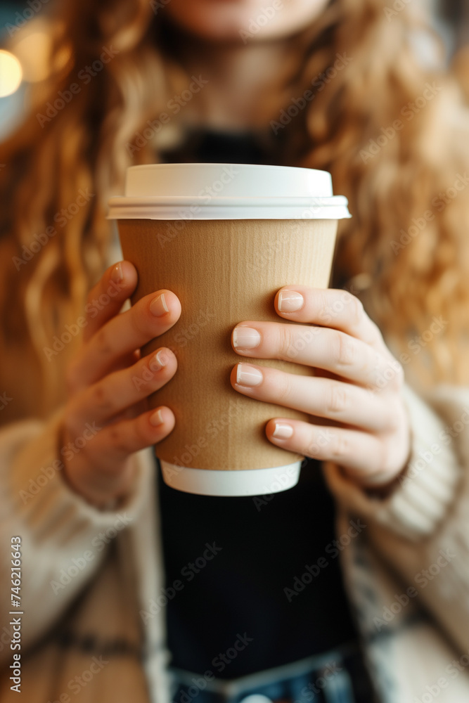 Close-up of female student holding an empty coffee-to-go paper cup Close-up of female student holding an empty coffee-to-go paper cup