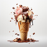Splashing, floating, delicious and colorful strawberry and vanilla flavored ice cream scoops in waffle cone with melted chocolate and pieces on light grey background. Summertime cold sweet dessert.