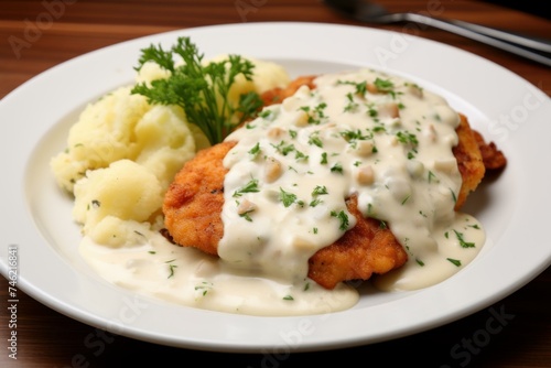 Creamy Schnitzel bechamel sauce. Chop with the sauce in the plate on the table. Generate AI