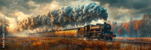 Detailed painting of a steam train with smoke billowing out of its chimney.