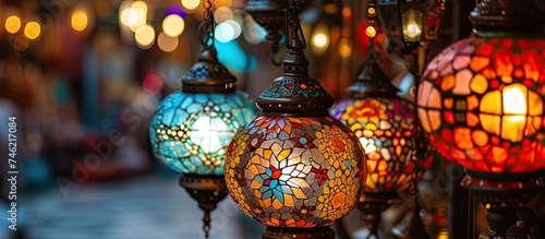 A group of vibrant, multicolored lights hang from the ceiling, creating a lively atmosphere in a bustling bazaar.