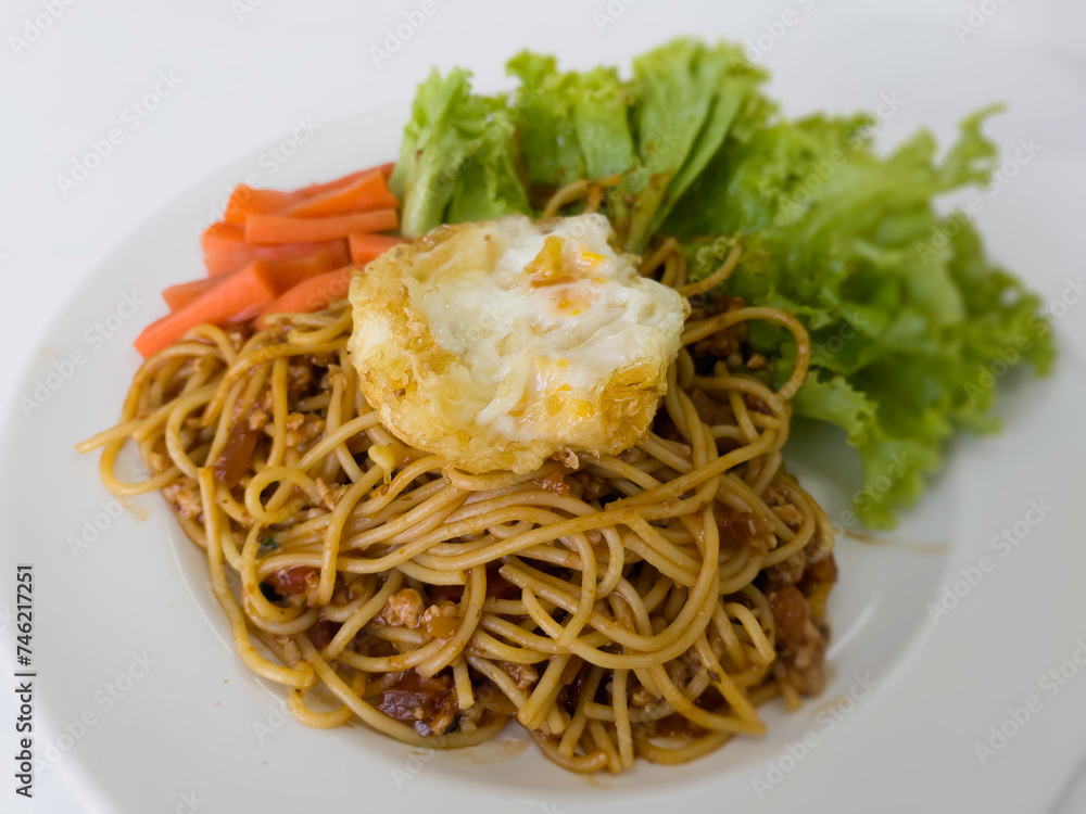 Spaghetti bolognese pasta with tomato sauce and minced pork