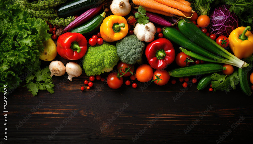 big pile of vegetables on a table with blank space for copy