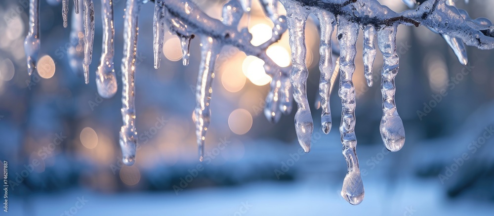 Transparent icicles hang from a tree branch, reflecting on a blurred background, creating a striking winter scene. - obrazy, fototapety, plakaty 