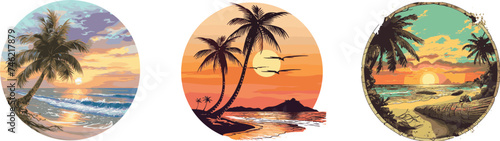 vector group set with beach and sunset illustrations