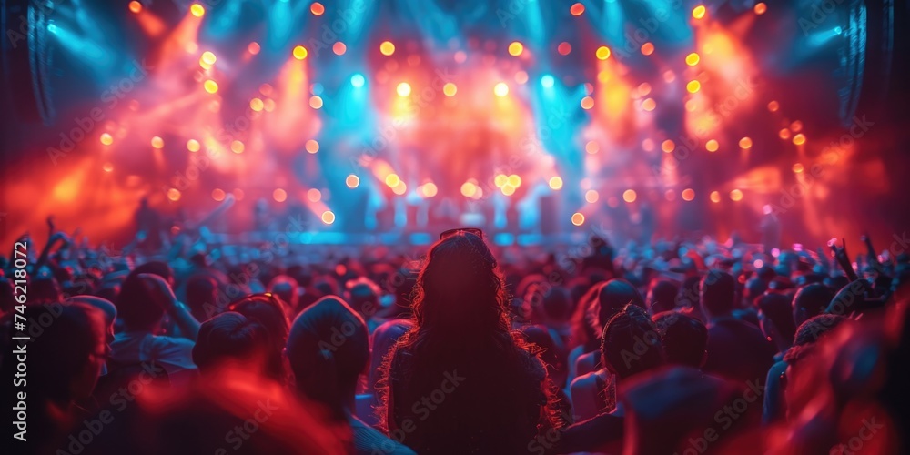 Large group of people gathered together to watch and enjoy a concert on stage, with musicians performing live music.