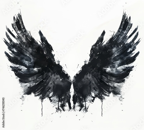 Illustration in a Painted Messy Grunge Style of Black Feather Wings, Smudges, Drips, Drops. Generative AI.  © Carl & Heidi