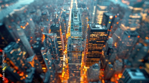 An aerial view of a city illuminated at night, showcasing the bright lights and bustling activity of urban life. photo