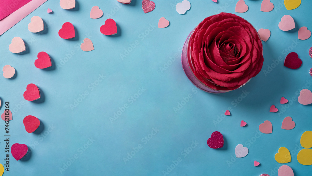 Holiday background with festive red heart-shaped decorations and empty background with place for text design Holiday background with festive red heart-shaped decorations and empty background with place for text design