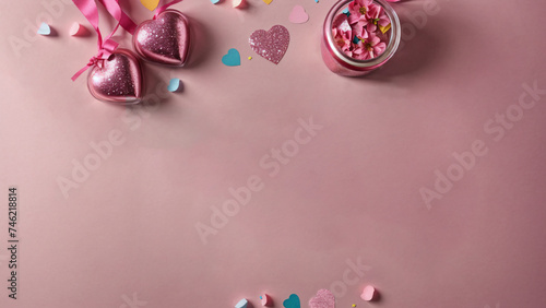 Holiday background with festive red heart-shaped decorations and empty background with place for text design
