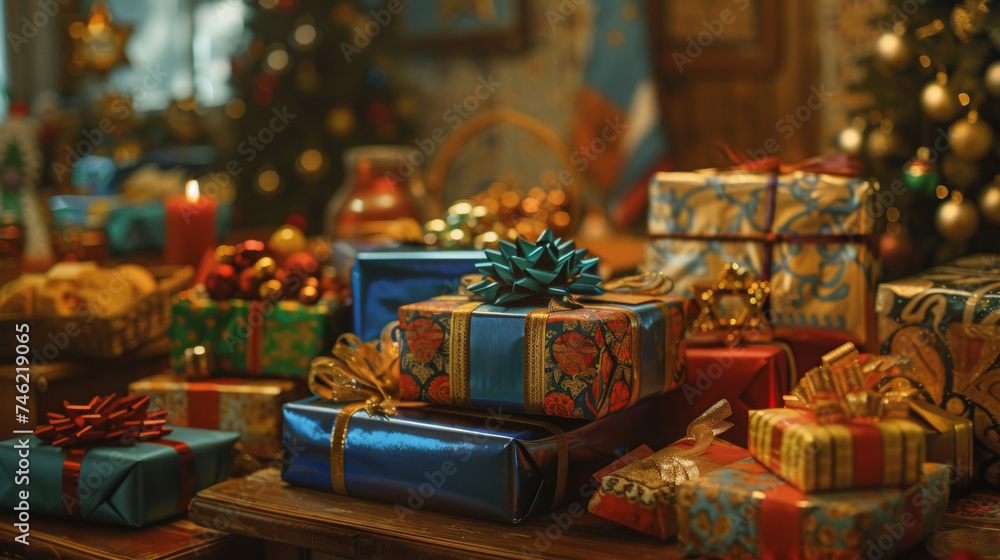 A the decorations and food items gifts in piles big and small can be seen. From beautifully wrapped presents to small trinkets loved ones exchange gifts throughout the eight