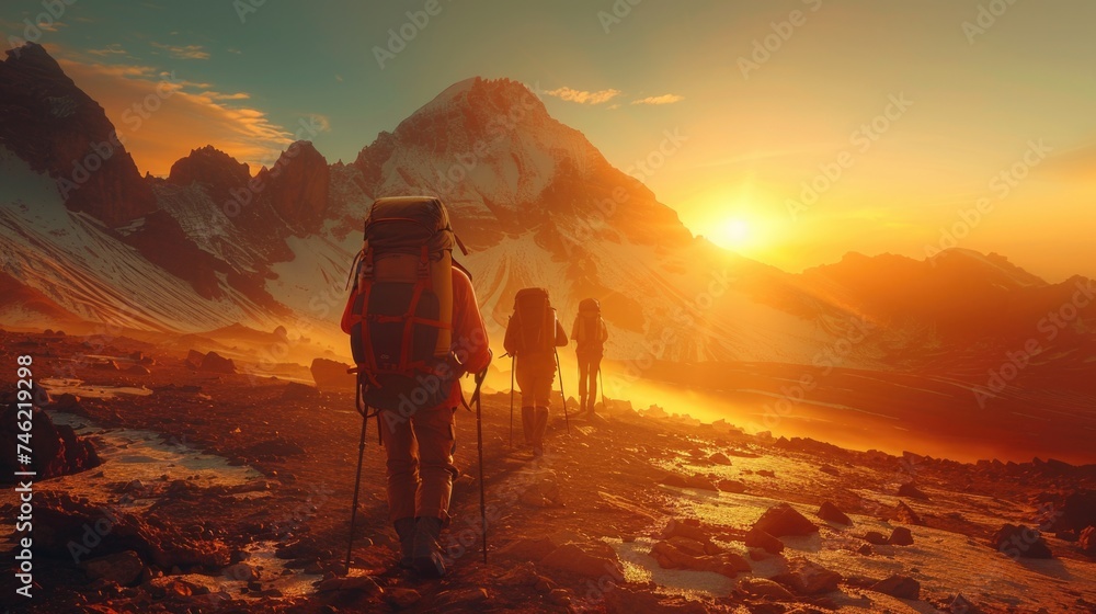 A group of people on a hiking expedition trekking up a mountain against the backdrop of a setting sun.