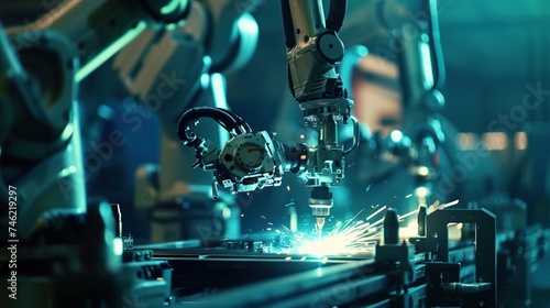 Automated robot arm machines in smart industrial factories Laser-based welding and cutting robots operate in production.