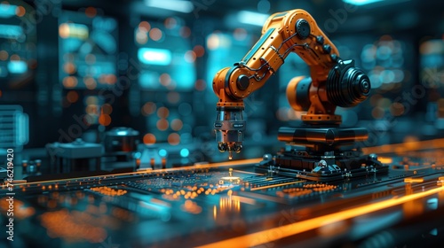 Automated robot arm machines in smart industrial factories Laser-based welding and cutting robots operate in production.