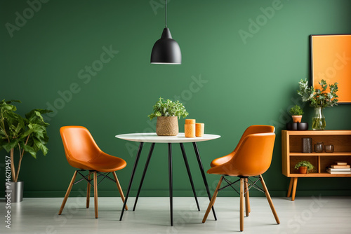 orange leather chairs at round dining table against green wall  interior design  modern living room  scandinavian home  orange sofa  orange chairs