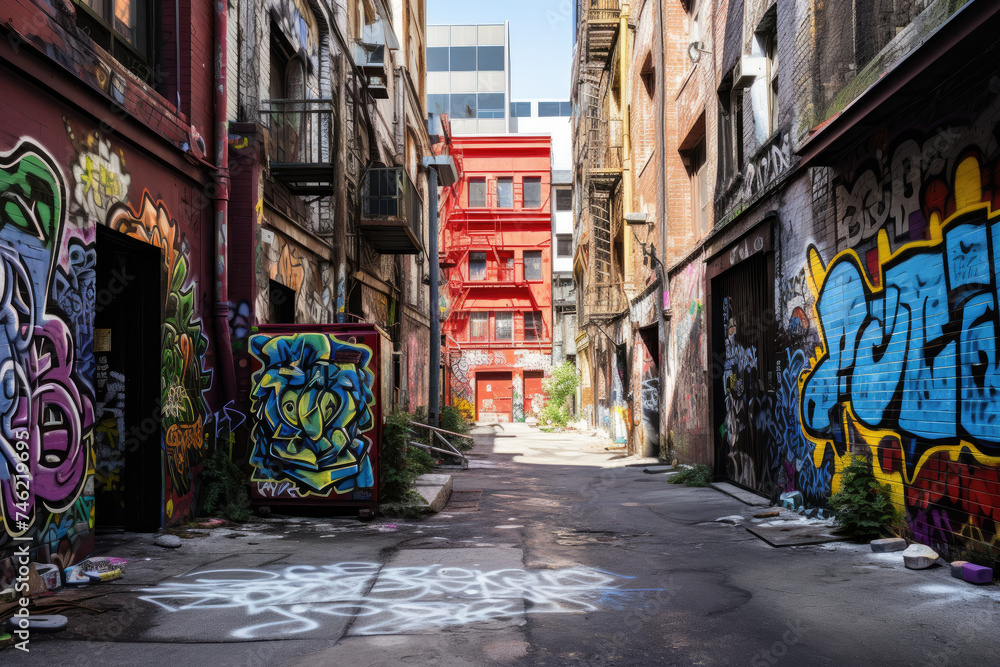 City alleyway back alley with graffiti and fire escape 