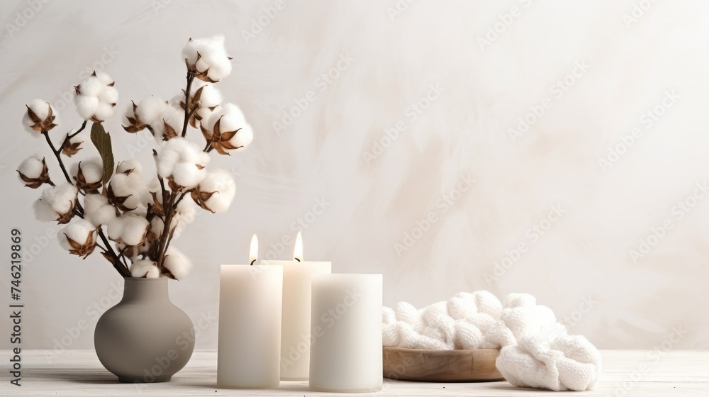 Minimalist Stylish table with cotton flowers and aroma candles near light wall 