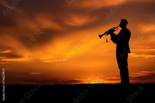 Melancholic Man trumpet sunset. Horn person. Generate Ai