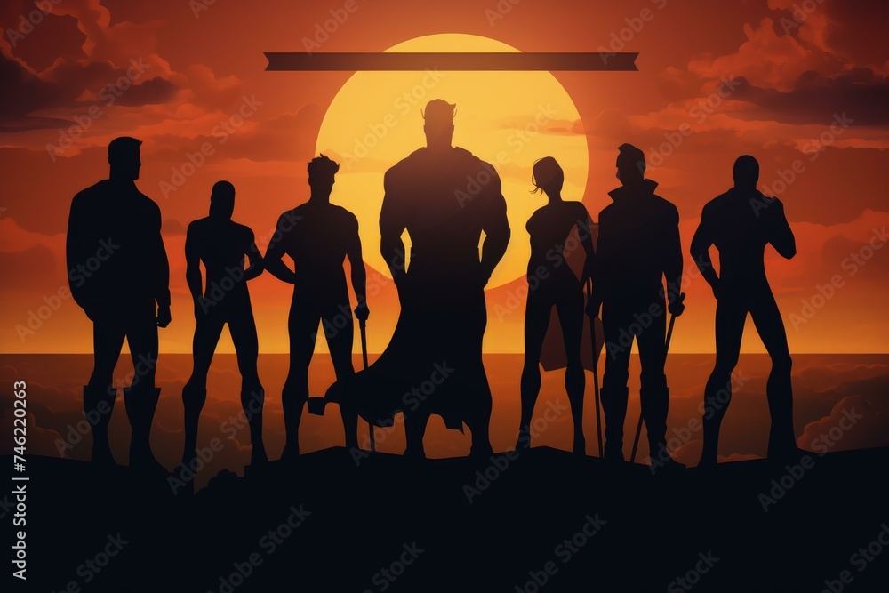 Spectacular Super hero team sunset. Corporate company. Generate Ai - obrazy, fototapety, plakaty 