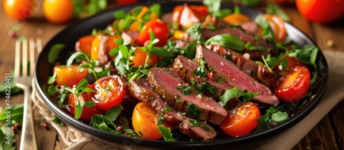 This photo captures a delicious summertime salad with grilled beef, juicy tomatoes, and fresh greens served in a stylish black bowl.