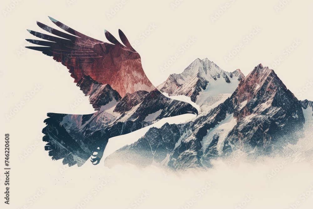 A regal eagle superimposed with the rugged peaks of a mountain range in a double exposure - obrazy, fototapety, plakaty 