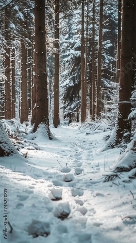 A path covered in snow winds through a thick forest filled with numerous trees.
