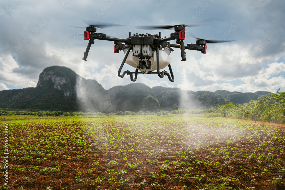An industrial drone on green field and sprays useful pesticides to increase productivity and destroy harmful insects. increase productivity. Modern technologies in agriculture An industrial drone on green field and sprays useful pesticides to increase productivity and destroy harmful insects. increase productivity. Modern technologies in agriculture