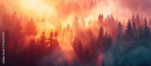 A painting depicting a fiery sunset over a forest as a forest fire blazes, smoke rising and blurring the horizon. The warm hues of the setting sun contrast with the ominous clouds of smoke.