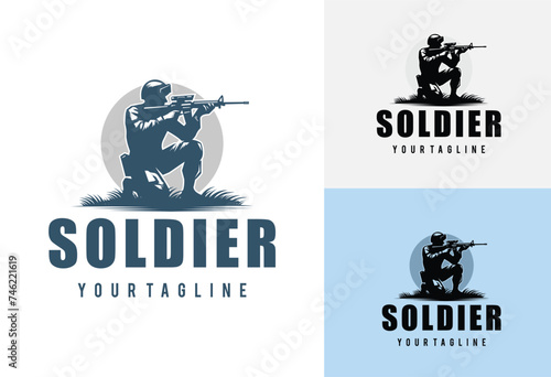 soldier or army logo carrying a long-barreled weapon is aiming at a target vector illustration design