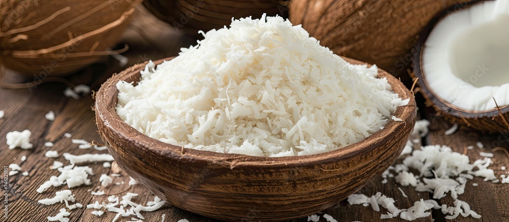A simple yet striking photograph of a wooden bowl filled with white rice placed alongside fresh coconuts.