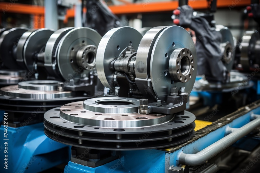 Close-up shot of an intricate brake assembly unit set against the backdrop of a pristine industrial workspace Close-up shot of an intricate brake assembly unit set against the backdrop of a pristine industrial workspace