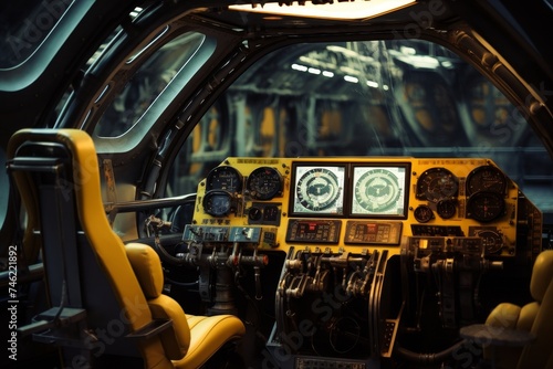 Detailed perspective of cockpit windows against the complex scenery of an aviation factory