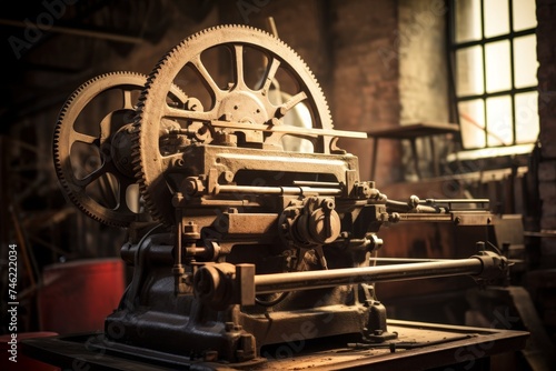 Antique Platen Press Machine Amidst Aged Industrial Gears and Cogs Under Soft Lighting