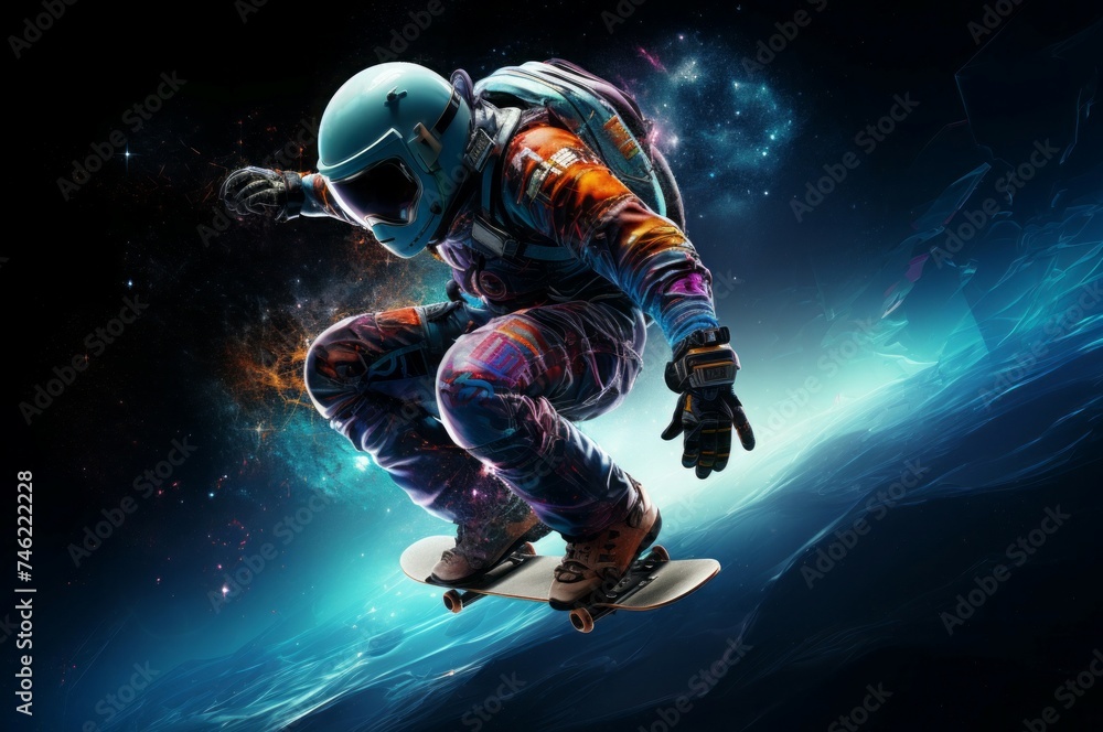 Adventurous Skateboarder in astronaut suit riding. Sport dude skateboarding on bright neon colorful background. Generate ai Adventurous Skateboarder in astronaut suit riding. Sport dude skateboarding on bright neon colorful background. Generate ai