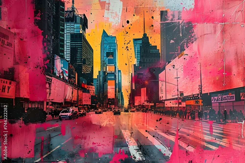 Naklejka premium Vibrant New York City Painting with Magenta and Cyan Accents