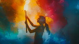 Dramatic lighting on a female figure who is holding a torch of empowerment on smoke rainbow light background for Women's Day social presentation.