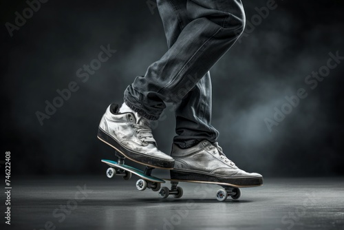 Graceful Skater wearing skates on gray background. Guy extreme action lifestyle. Generate Ai