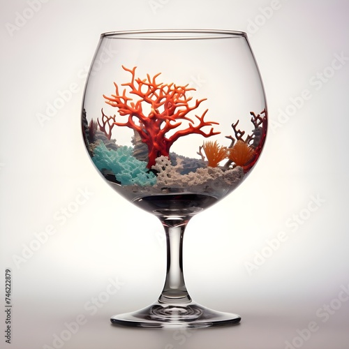 Coral in wine glass isolated on white background