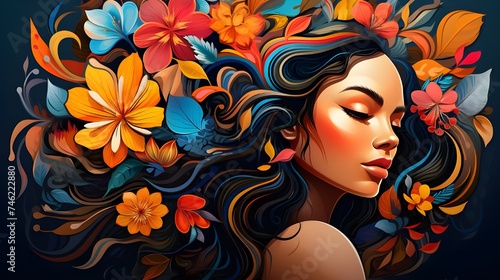 "Radiant Brunette in a Garden of Ethereal Blooms: Beautiful Portrait of a Joyful Woman with Flowy Hair Surrounded by Colorful Flowers, Embracing the Serene Beauty of Nature in a Vibrant Summertime Oas